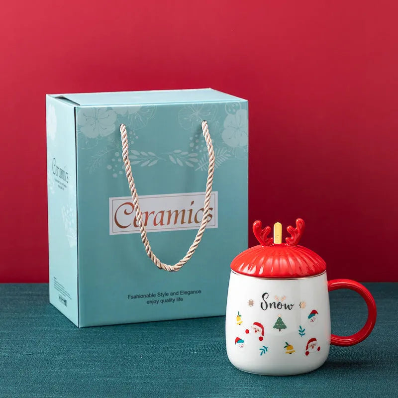 Christmas Mug With Lid Spoon Snowman Ceramic Mug - Bellarte Enchanté Christmas Mug With Lid Spoon Snowman Ceramic Mug